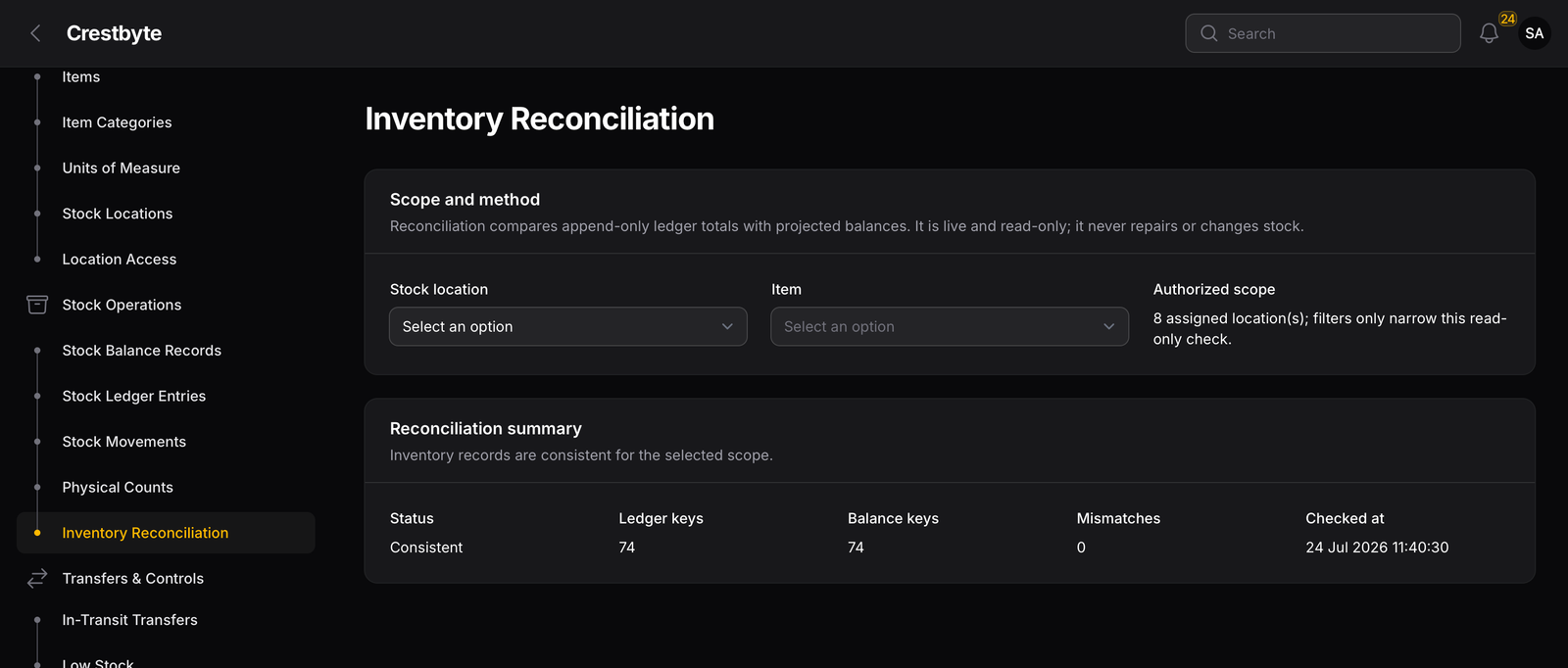 Inventory reconciliation summary comparing ledger totals and projected balances for a read-only stock check.