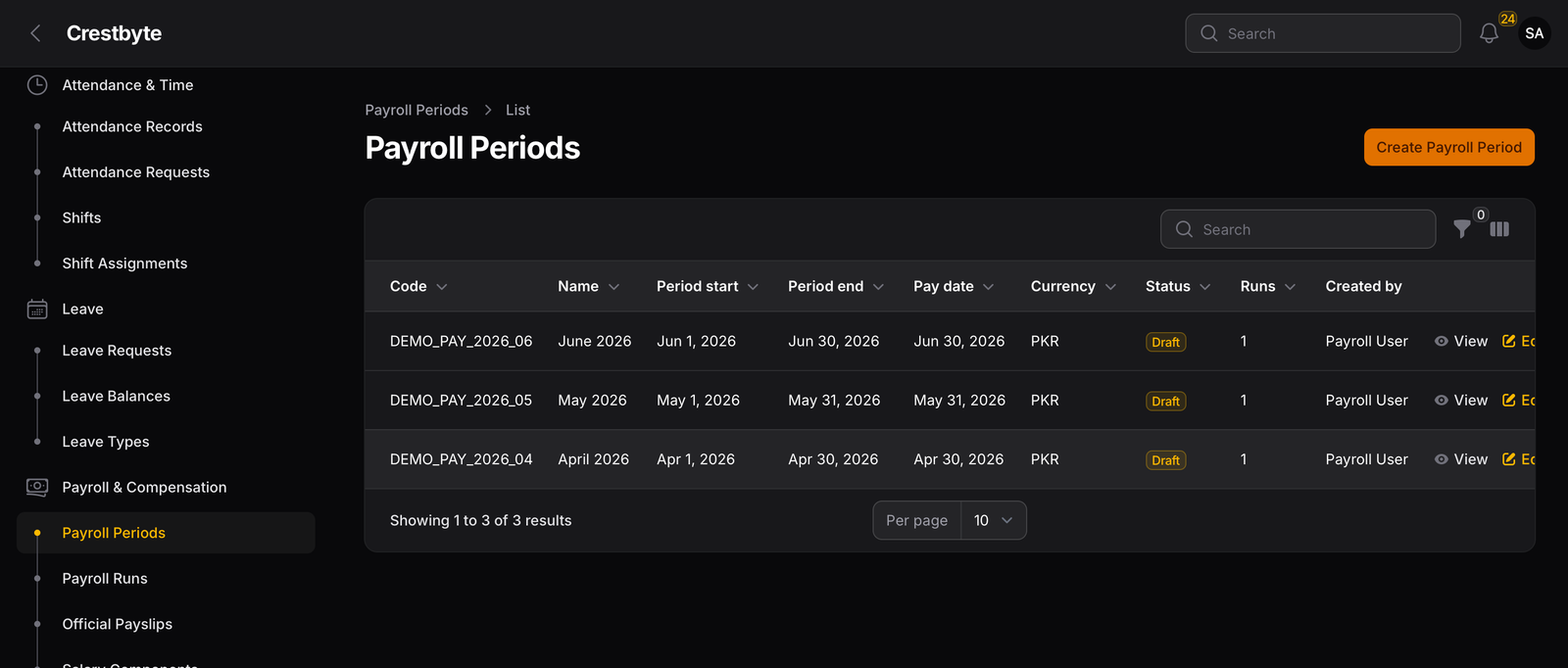 Payroll periods table showing June, May and April 2026 demo periods with status and run counts.